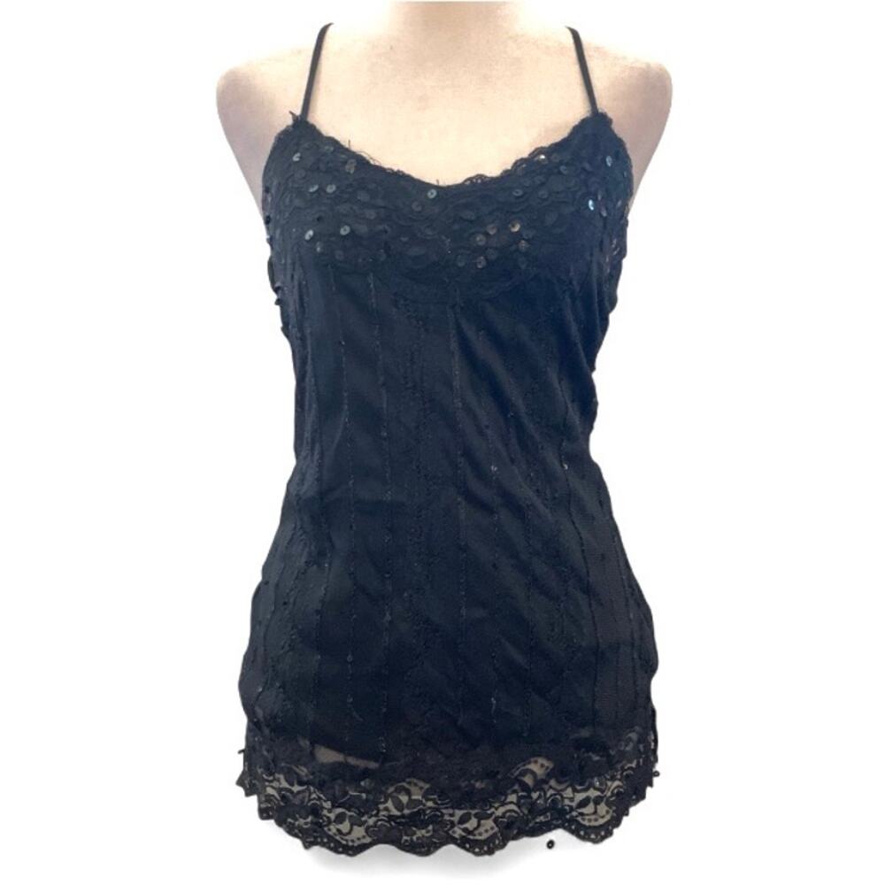 Studio Y Y2K Black Beaded Lace Cami Tank Top Early 2000s Grunge